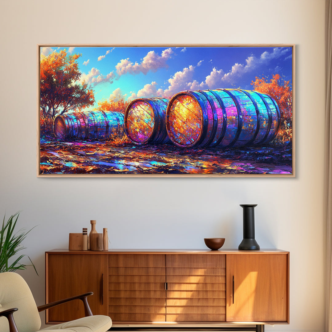Rainbow Wine Barrels In Autumn Vineyard Wall Art, Rustic Farmhouse Decor, Winery Wall Art, Colorful Landscape, Dining Room Print