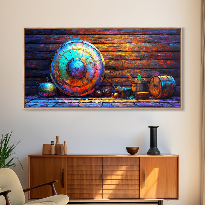 Weathered Viking Shield And Rustic Vessels Framed Canvas Print, Medieval Wall Art, Nordic Decor, Man Cave Art, Fantasy Gift