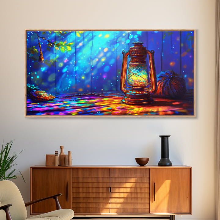 Glowing Camping Lantern In Blue Forest Canvas Print, Rustic Cabin Wall Art, Cozy Wall Decor, Nature Art, Outdoor Decor, Camping Gift