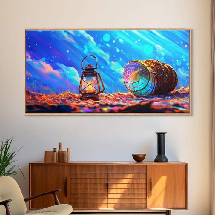 Glowing Lantern And Lobster Trap Canvas Print, Coastal Wall Art, Nautical Beach House Decor, Ocean Gift For Her, Modern Seascape Home Decor