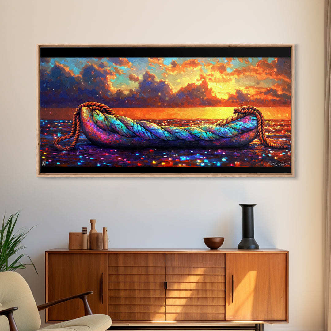 Rainbow Rope Boat At Sunset Framed Canvas Print, Coastal Wall Art, Nautical Ocean Decor, Beach House Living Room Art, Large Seascape Gift
