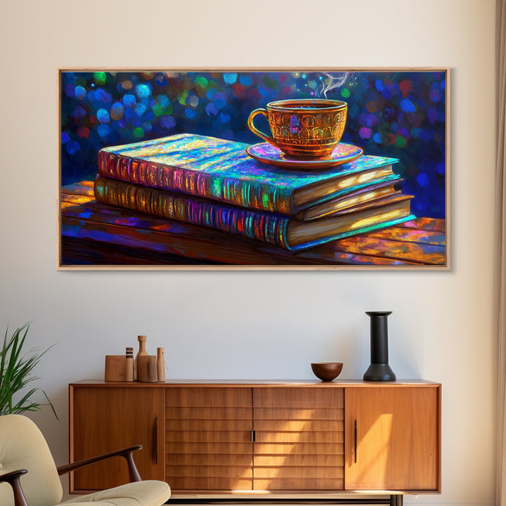 Steaming Teacup On Stacked Books Framed Canvas Print, Cozy Library Wall Art, Book Lover Gift, Coffee Shop Home Decor, Reading Nook Decor