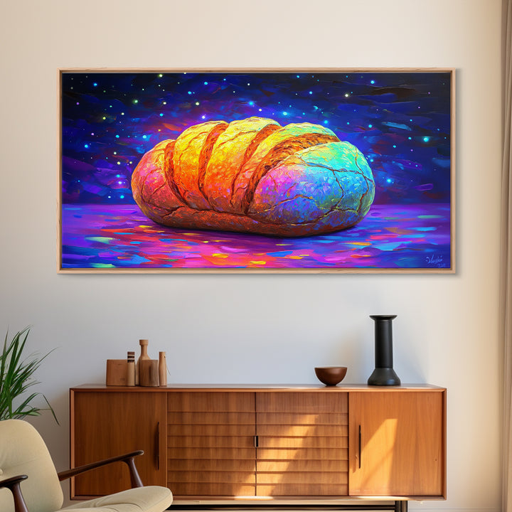 Glowing Croissant Pastry Under Starry Sky Canvas Print, Bakery Wall Art, Kitchen Decor, French Patisserie Gift For Foodie