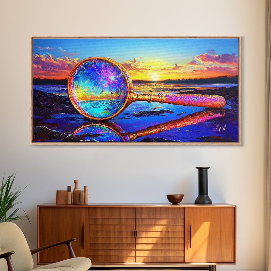 Magnifying Glass At Beach Sunset Wall Art, Coastal Canvas Print, Ocean Decor, Nautical Landscape Art For Study Or Office