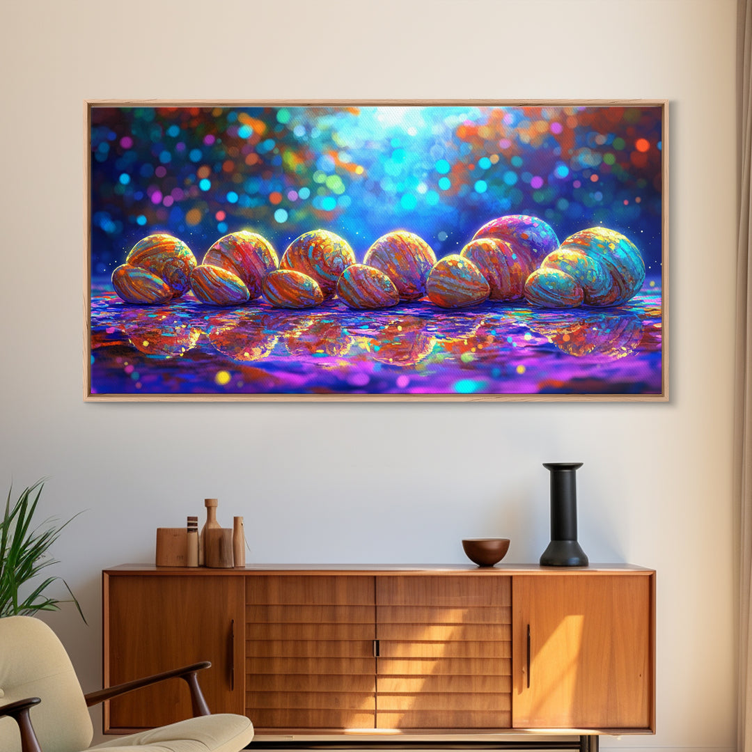 Rainbow Seashells On Shore Wall Art, Coastal Canvas Print, Beach House Decor, Ocean Nursery Art, Nautical Bathroom Decor Gift