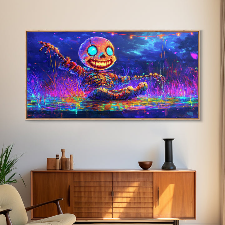 Neon Skeleton Doll In Moonlit Marsh Canvas Print, Halloween Wall Art, Gothic Decor, Whimsical Art, Spooky Kids Room Decor