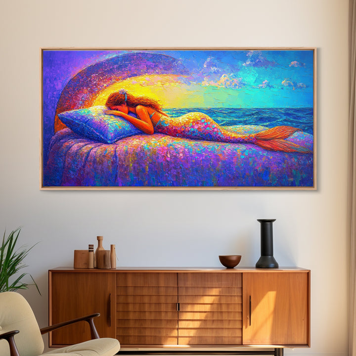 Sleeping Mermaid By Ocean Window Framed Canvas Print, Fantasy Wall Art, Coastal Bedroom Decor, Beach House Decor Gift For Her