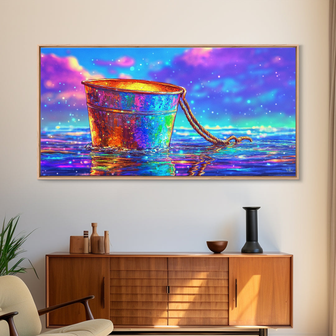 Rainbow Rusty Bucket Floating On Ocean Waves Canvas Print, Colorful Coastal Wall Art, Beach House Decor, Surreal Seascape