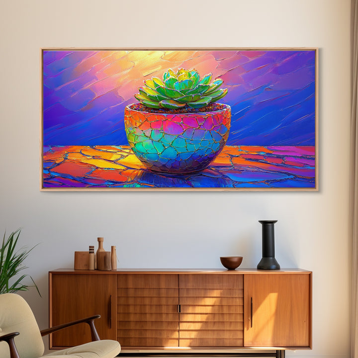 Mosaic Succulent In Rainbow Ceramic Pot Framed Canvas Print, Botanical Wall Art, Colorful Home Decor, Boho Plant Art Gift