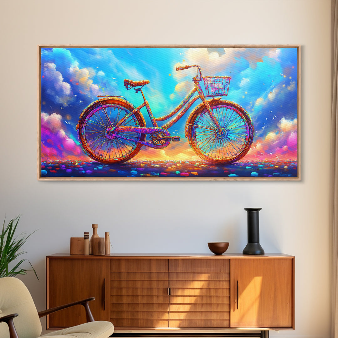 Rainbow Cruiser Bicycle Under Dreamy Clouds Canvas Print, Whimsical Wall Art, Kids Room Decor, Colorful Nursery Art Gift