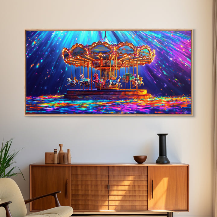 Glowing Carousel Ride With Neon Confetti Framed Canvas Print, Circus Wall Art, Whimsical Decor, Colorful Kids Room Art Gift