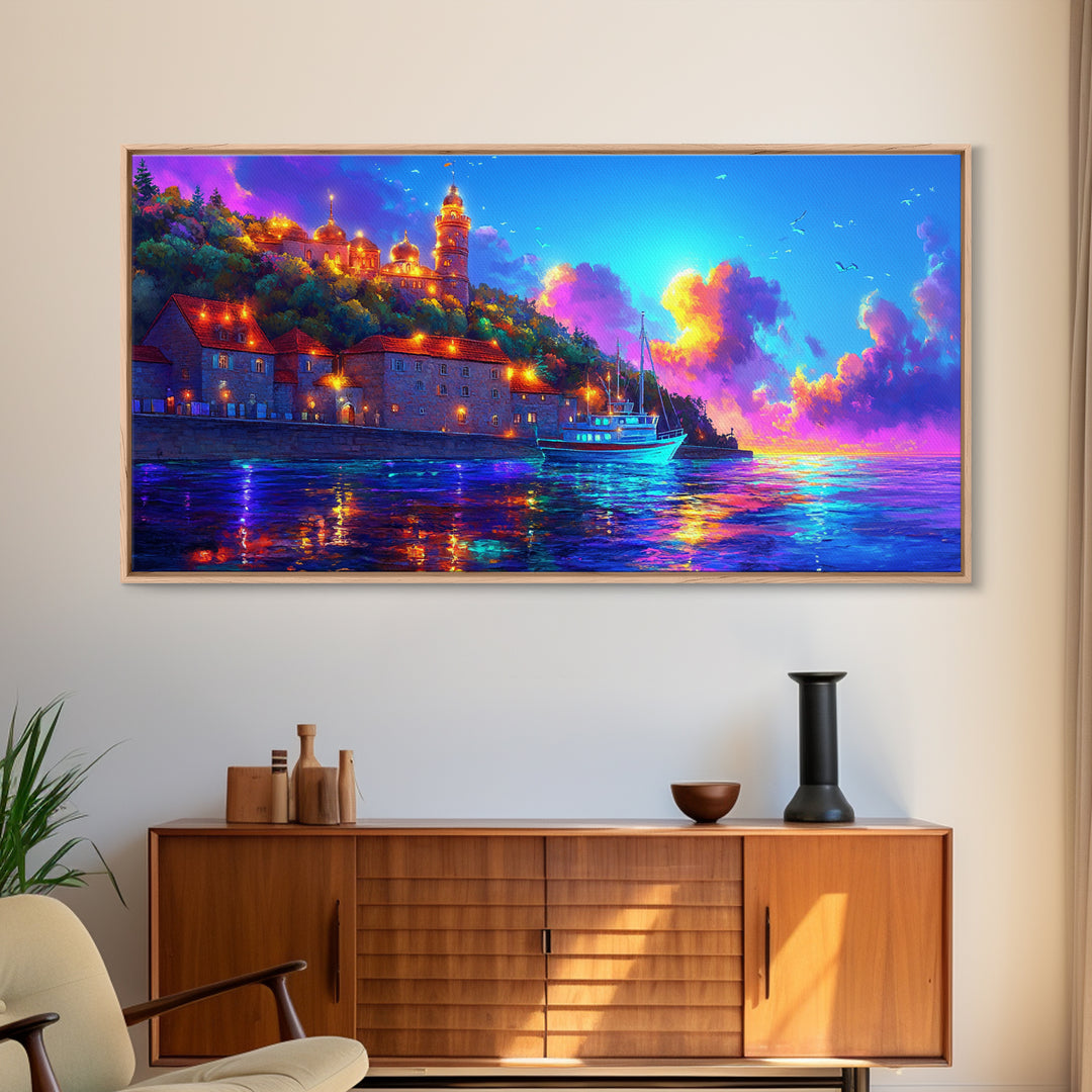 Sunset Harbor Village And Sailboat Canvas Print, Coastal Wall Art, Mediterranean Decor, Travel Poster, Living Room Art Print