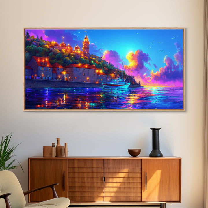 Sunset Harbor Village And Sailboat Canvas Print, Coastal Wall Art, Mediterranean Decor, Travel Poster, Living Room Art Print