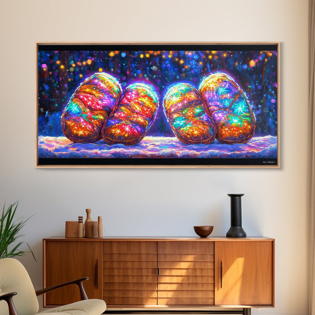 Glowing Rainbow River Stones Under Fairy Lights Canvas Print, Whimsical Wall Art, Dopamine Decor, Colorful Abstract Art Print