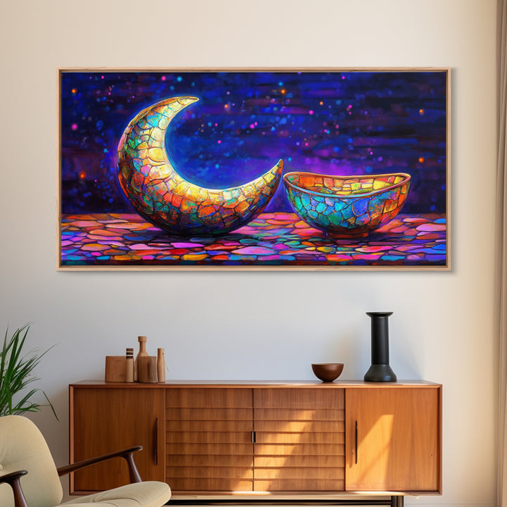 Mosaic Crescent Moon And Bowl Wall Art, Celestial Night Sky Decor, Mystical Boho Canvas, Gift For Her Home Decor, Moon Phase Art