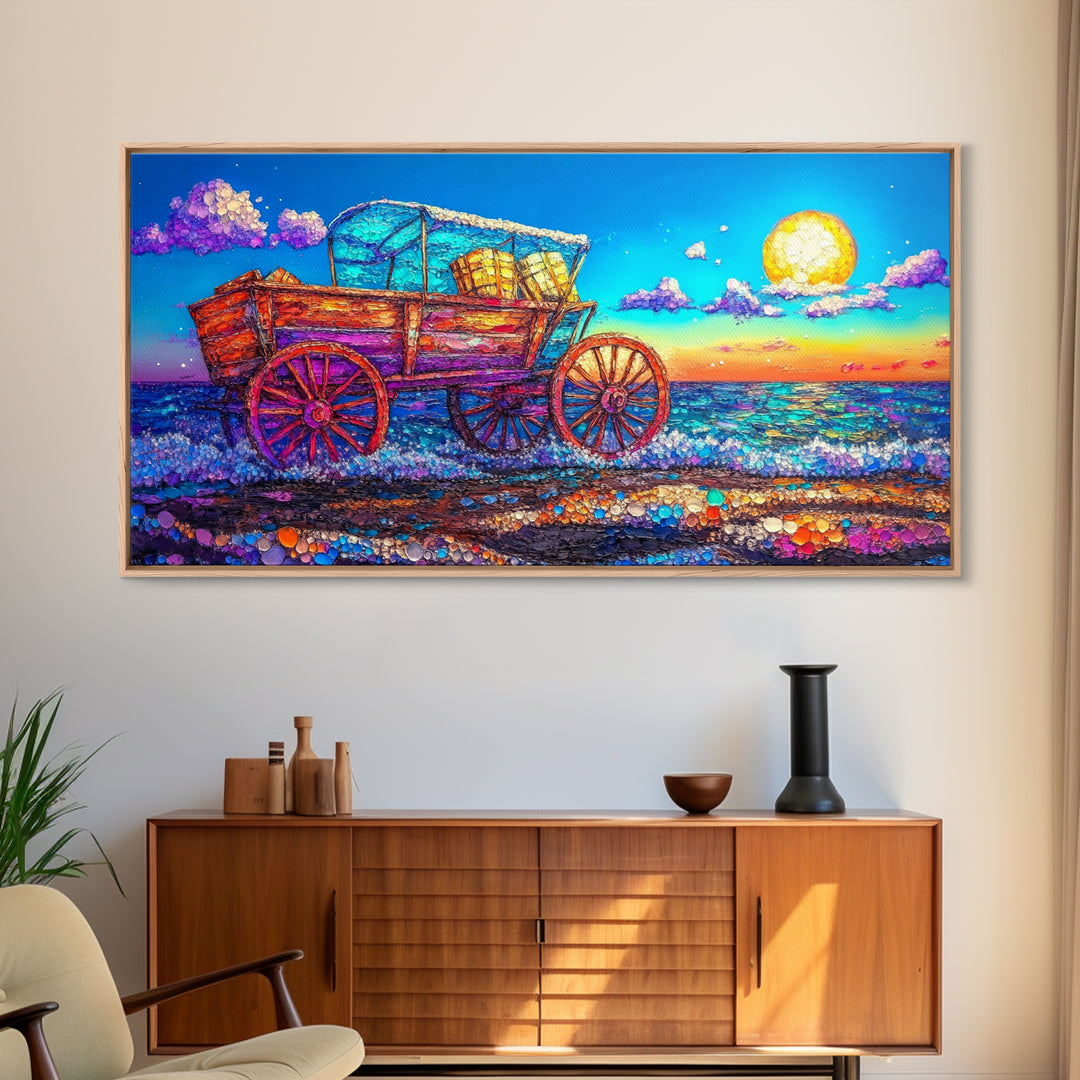 Rustic Wooden Wagon By Moonlit Ocean Wall Art, Coastal Farmhouse Decor, Country Landscape Art, Beach House Decor Gift For Her