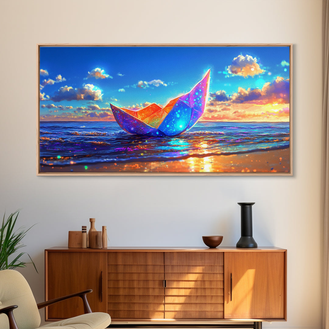 Glowing Origami Paper Boat At Sunset Canvas Print, Coastal Wall Art, Ocean Wall Art, Beach House Decor, Modern Seascape Art