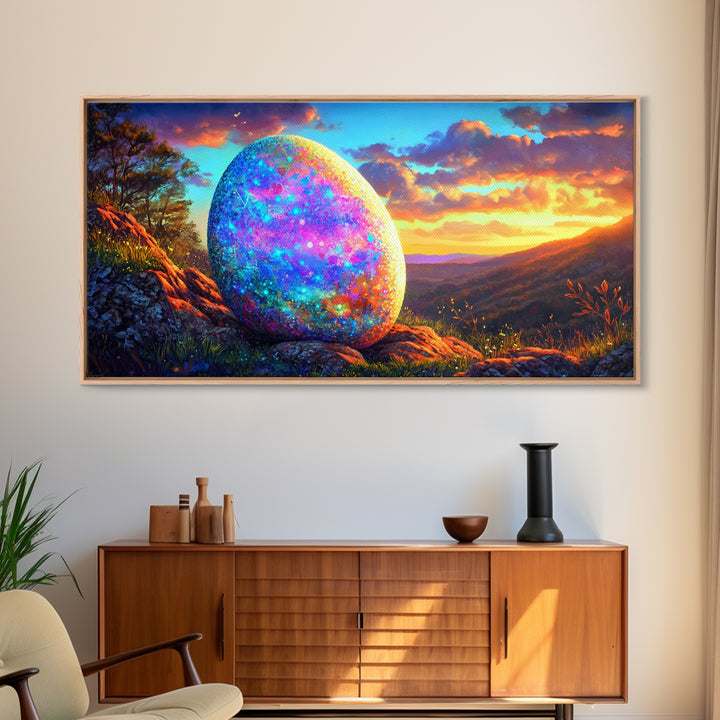 Glittering Easter Egg Mountain Sunset Canvas Print, Whimsical Wall Art, Spring Decor, Fantasy Landscape, Colorful Wall Art