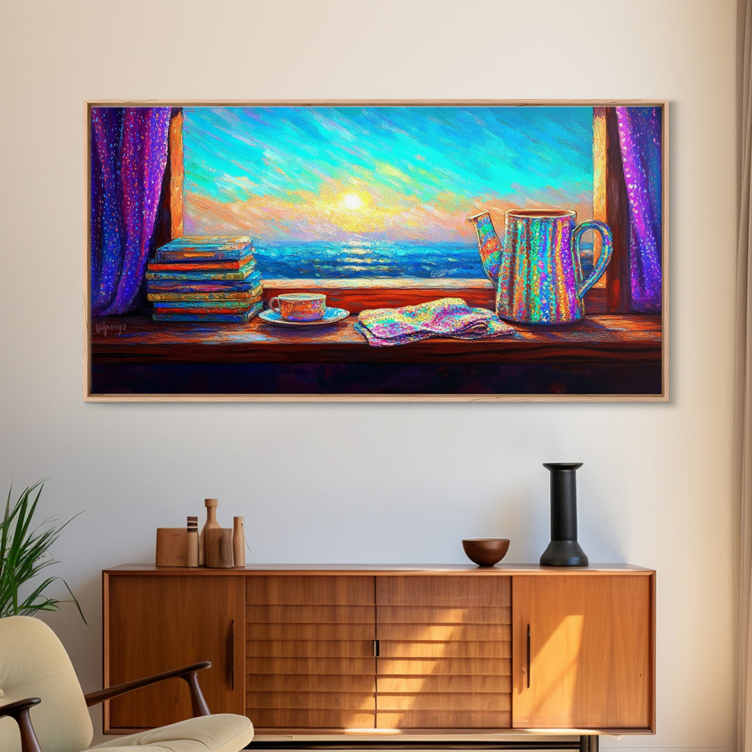 Ocean View Books And Tea By Window Canvas Print, Coastal Wall Art, Reading Nook Decor, Beach House Decor, Cozy Wall Art For Her