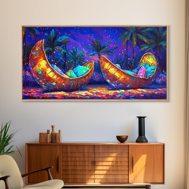 Glowing Crescent Moon Hammocks Under Palms Framed Canvas Print, Tropical Wall Art For Boho Bedroom Decor And Summer Home Decor