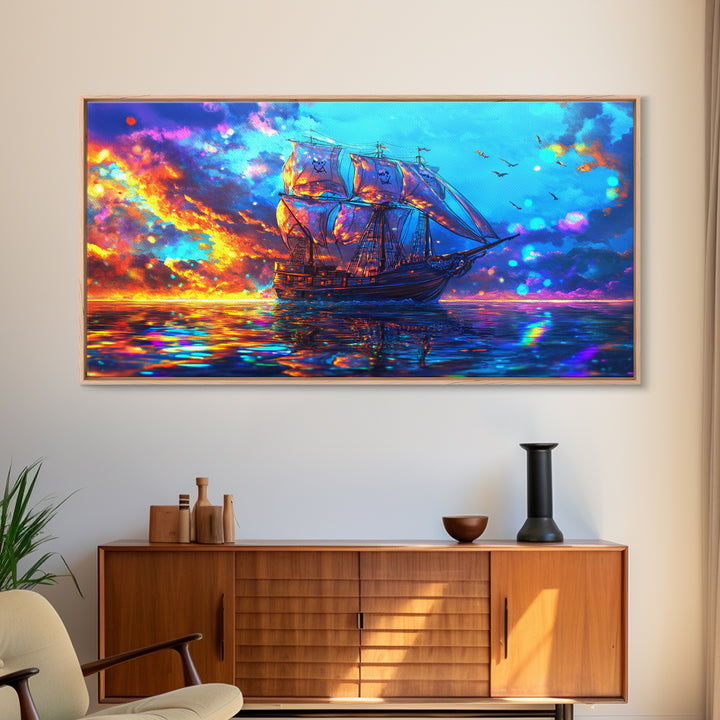 Tall Sailing Ship At Fiery Sunset Framed Canvas Print, Nautical Wall Art For Coastal Decor Ocean Wall Decor And Seascape