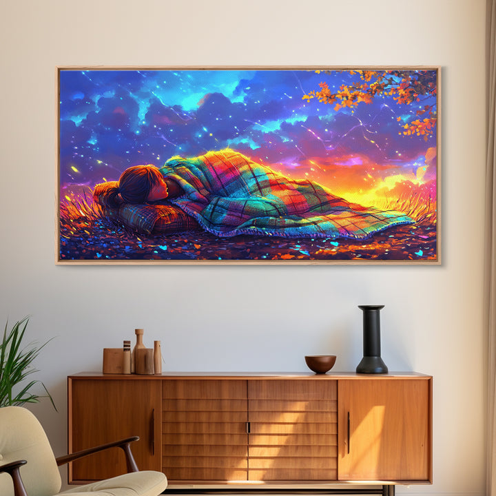 Sleeping Under Rainbow Blanket At Sunset Framed Canvas Print, Cozy Wall Art For Bedroom Decor, Calming Landscape Wall Art