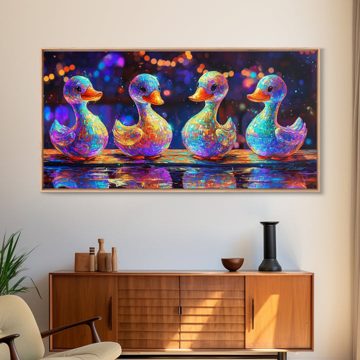 Four Rainbow Rubber Ducks In A Row Canvas Print, Whimsical Animal Wall Art For Bathroom Decor And Kids Room Decor Gift Idea