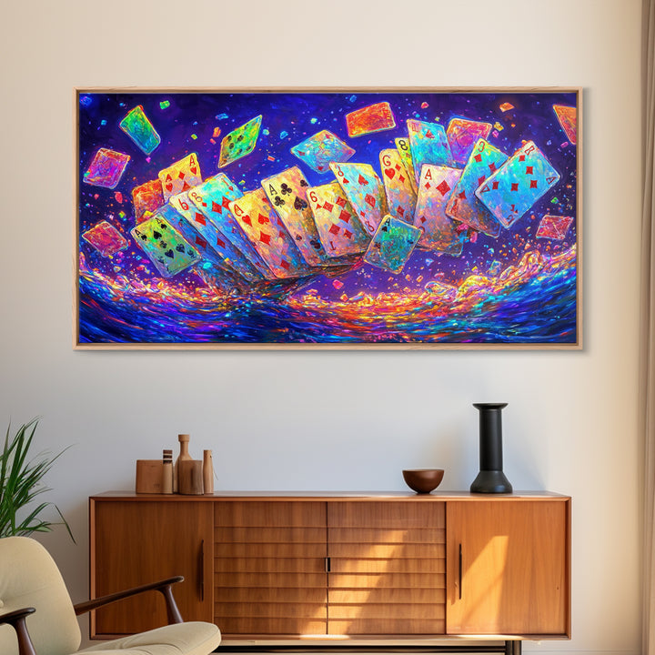 Exploding Neon Playing Cards Canvas Print, Game Room Wall Art, Poker Wall Art, Man Cave Decor, Maximalist Home Decor Gift