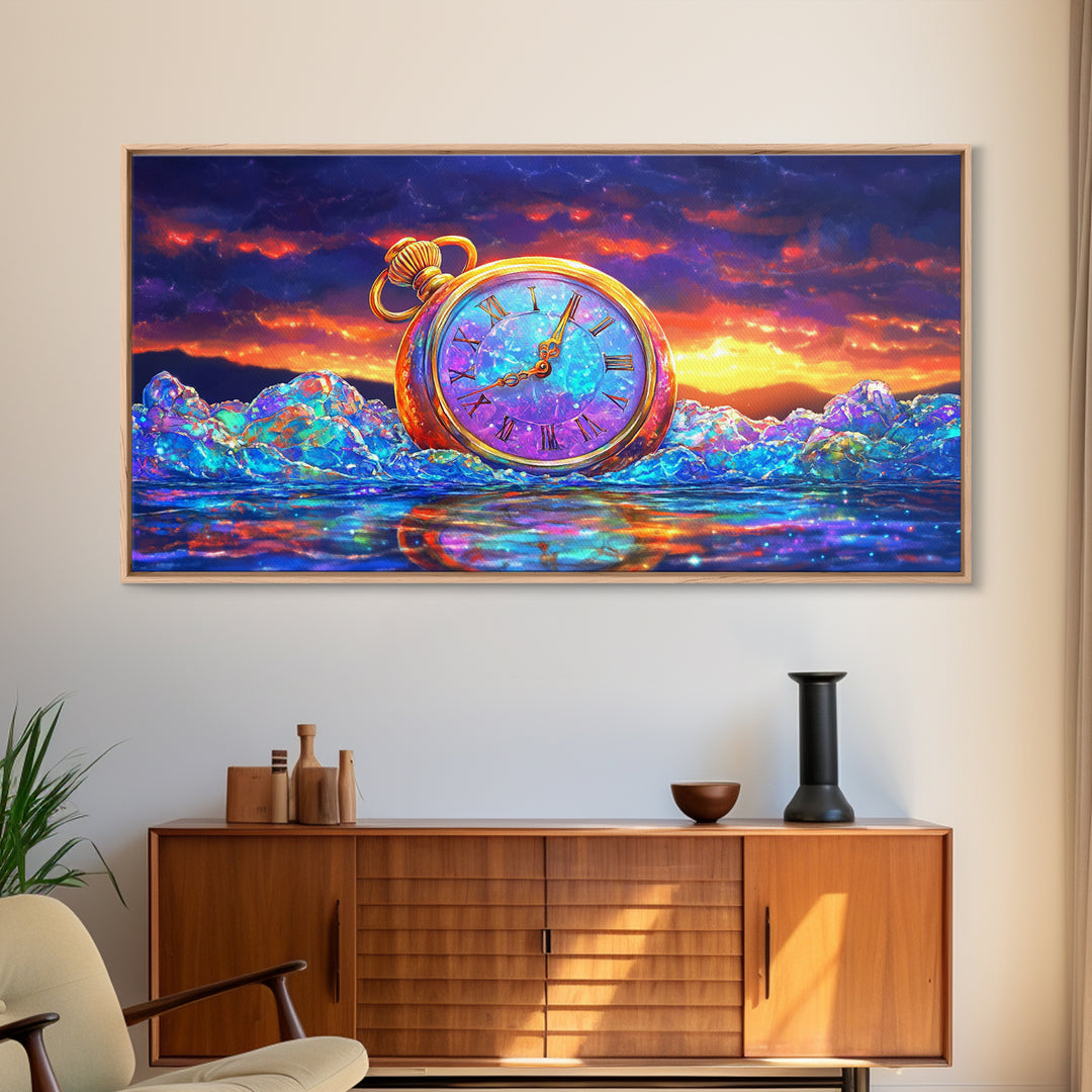 Golden Pocket Watch In Icy Sea Framed Canvas Print, Surreal Wall Art, Steampunk Decor, Time Traveler Fantasy Art Home Decor Gift