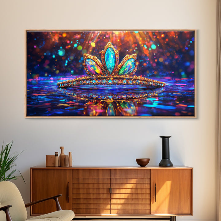 Jeweled Tiara With Rainbow Reflections Framed Canvas Print, Princess Wall Art, Glam Wall Decor, Feminine Gift For Her, Bedroom Decor