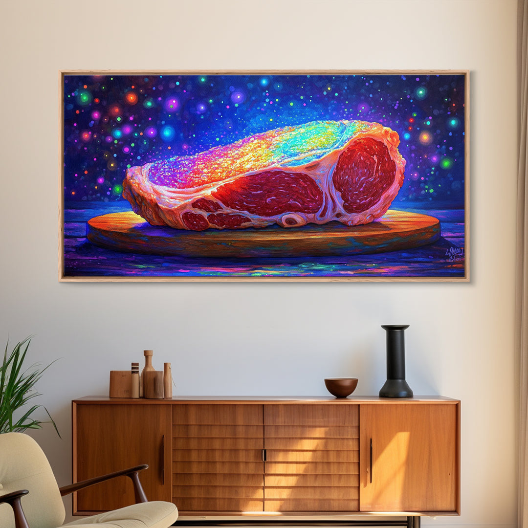 Rainbow Steak On Wooden Board Canvas Print, Bold Food Wall Art, Kitchen Decor, Restaurant Poster, Gift For Chef Or Foodie