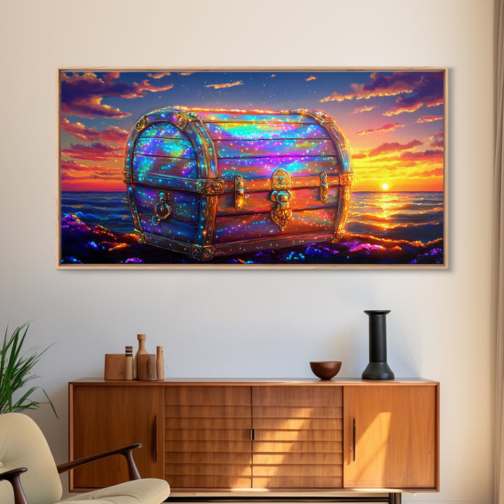 Glowing Treasure Chest At Ocean Sunset Canvas Print, Fantasy Wall Art, Coastal Decor, Adventure Gift, Beach House Decor Art