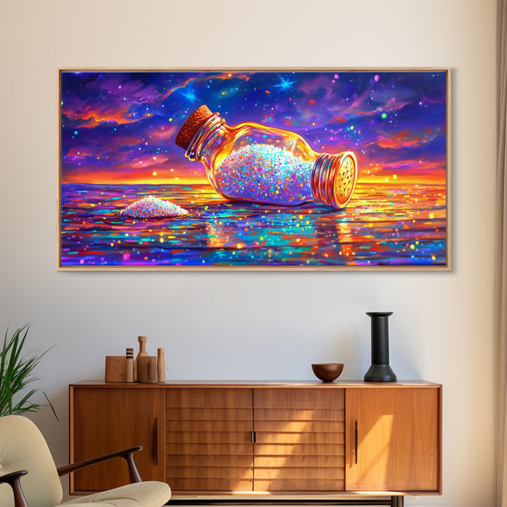 Sparkling Salt Bottle At Sunset Canvas Print, Coastal Kitchen Wall Art, Colorful Seascape Decor, Foodie Housewarming Gift