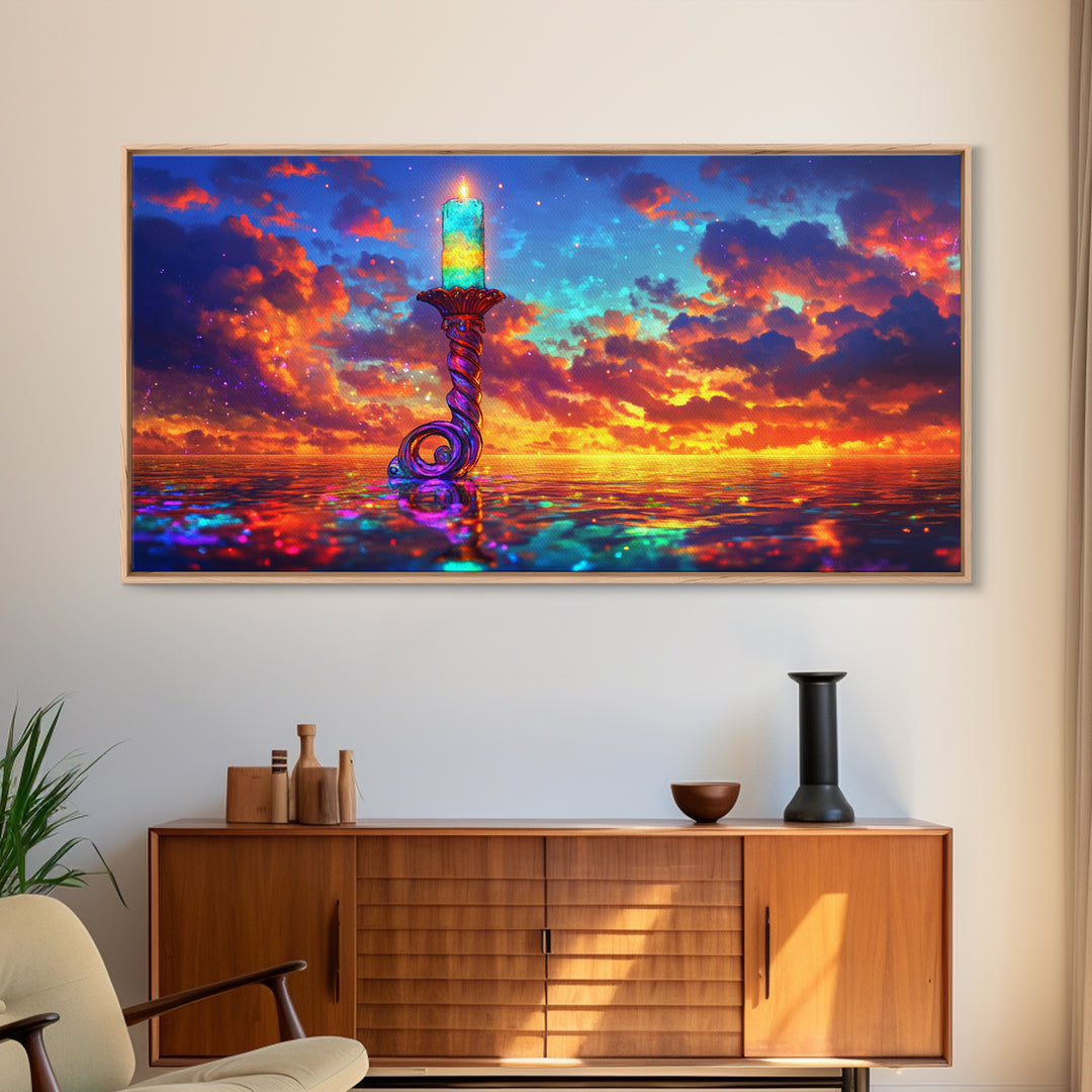 Glowing Candle Over Sunset Ocean Wall Art, Coastal Seascape Painting, Spiritual Home Decor, Calming Living Room Wall Decor
