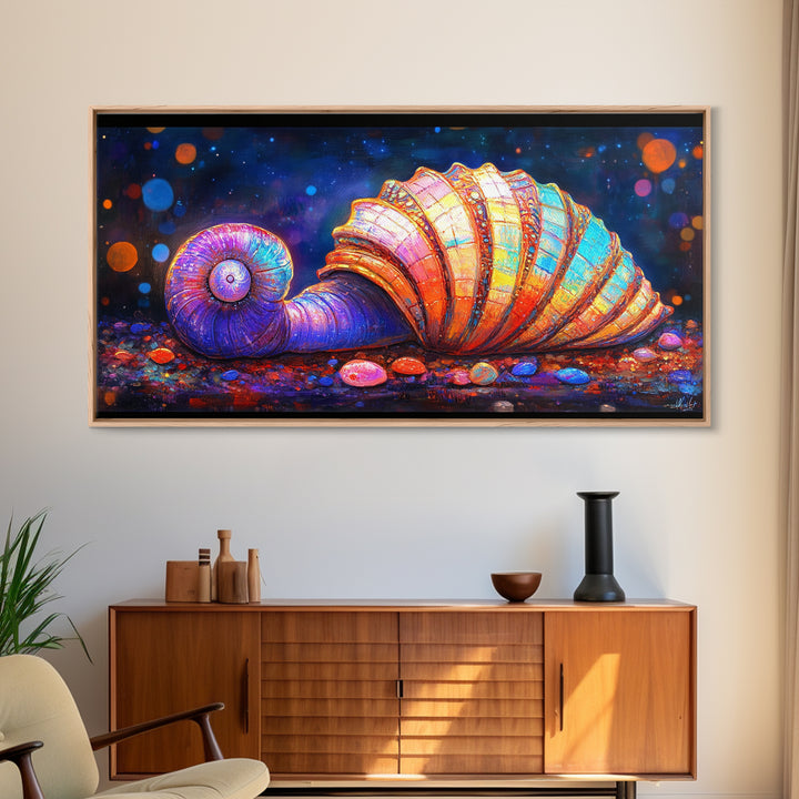 Glowing Spiral Seashell On Pebble Shore Canvas Print, Nautical Coastal Wall Art, Beach House Decor, Ocean Life Art Print