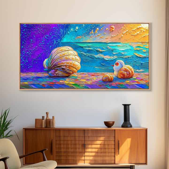 Bright Seashells And Tiny Bird By Turquoise Waves Framed Canvas Print, Coastal Wall Art, Beach House Decor, Ocean Painting