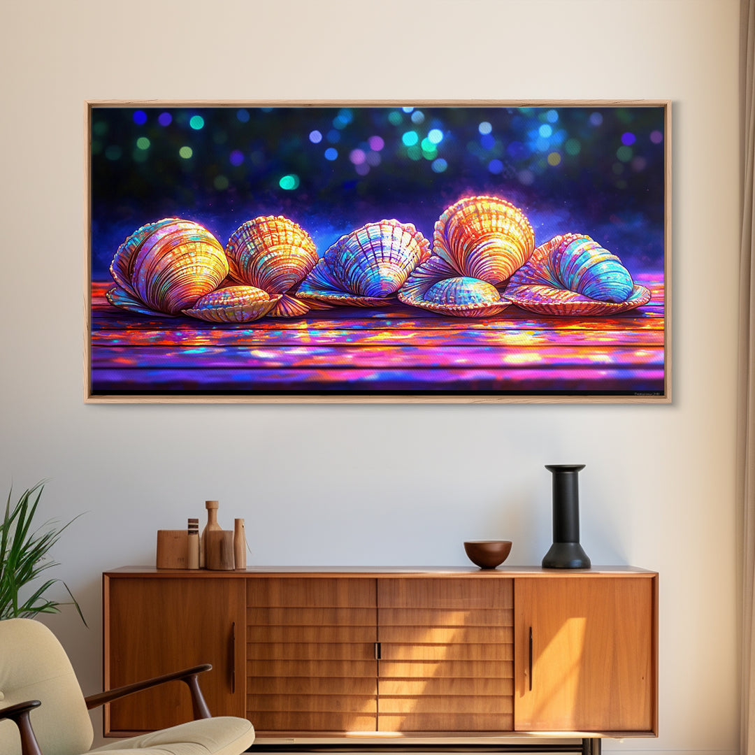 Glowing Clam Shells On Neon Table Canvas Print, Colorful Coastal Wall Art, Beach House Decor, Nautical Gallery Wall Art
