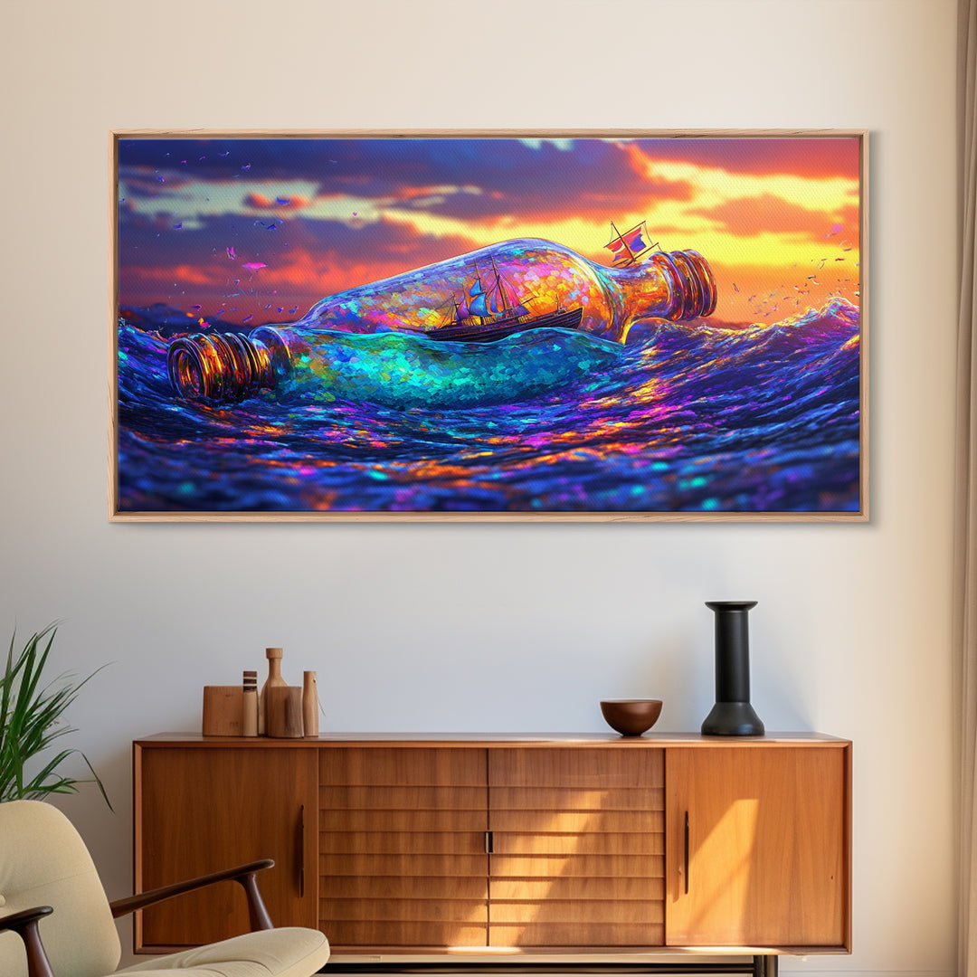 Tiny Ship In Glass Bottle Riding Ocean Waves Wall Art, Nautical Seascape Decor, Coastal Canvas Print, Travel Gift For Him
