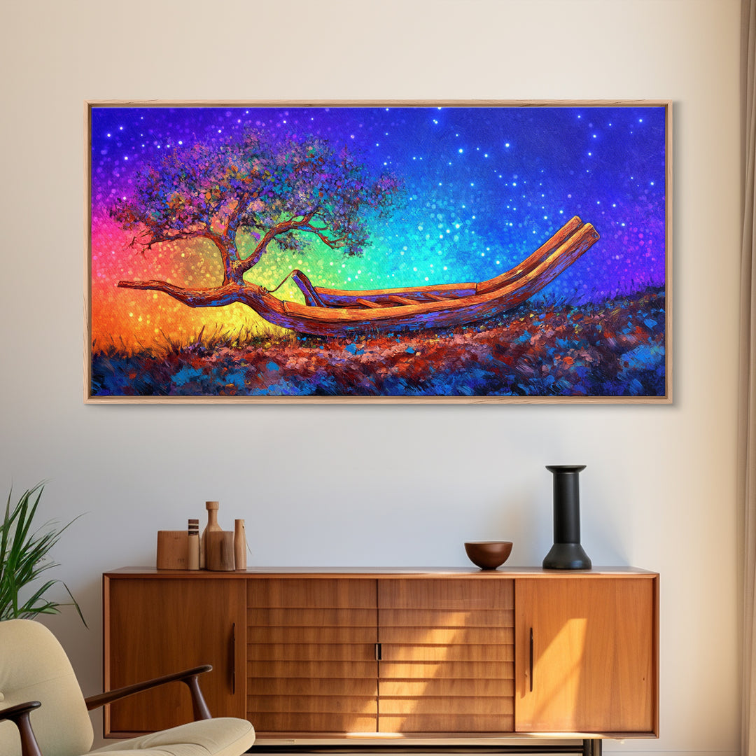 Wooden Canoe With Tree Under Stars Canvas Print, Whimsical Wall Art, Nature Wall Decor, Celestial Art, Unique Gift, Home Decor