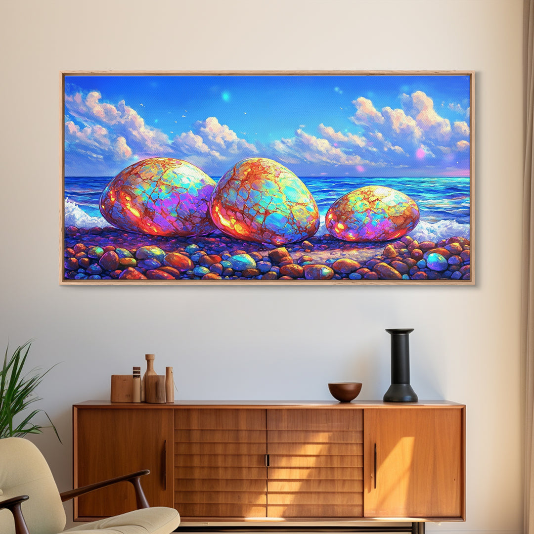 Iridescent Pebbles On Sunny Beach Canvas Print, Coastal Wall Art, Ocean Art Print, Beach House Decor, Colorful Nature Art