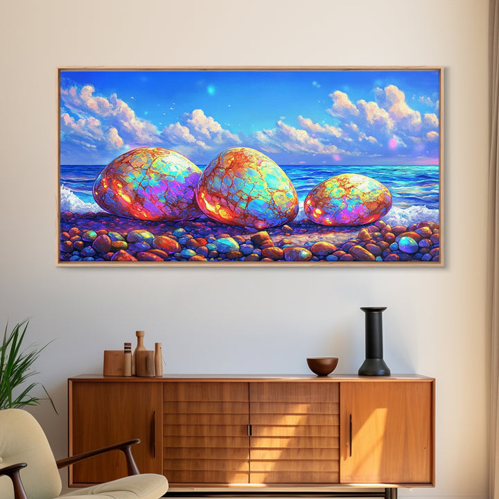 Iridescent Pebbles On Sunny Beach Canvas Print, Coastal Wall Art, Ocean Art Print, Beach House Decor, Colorful Nature Art