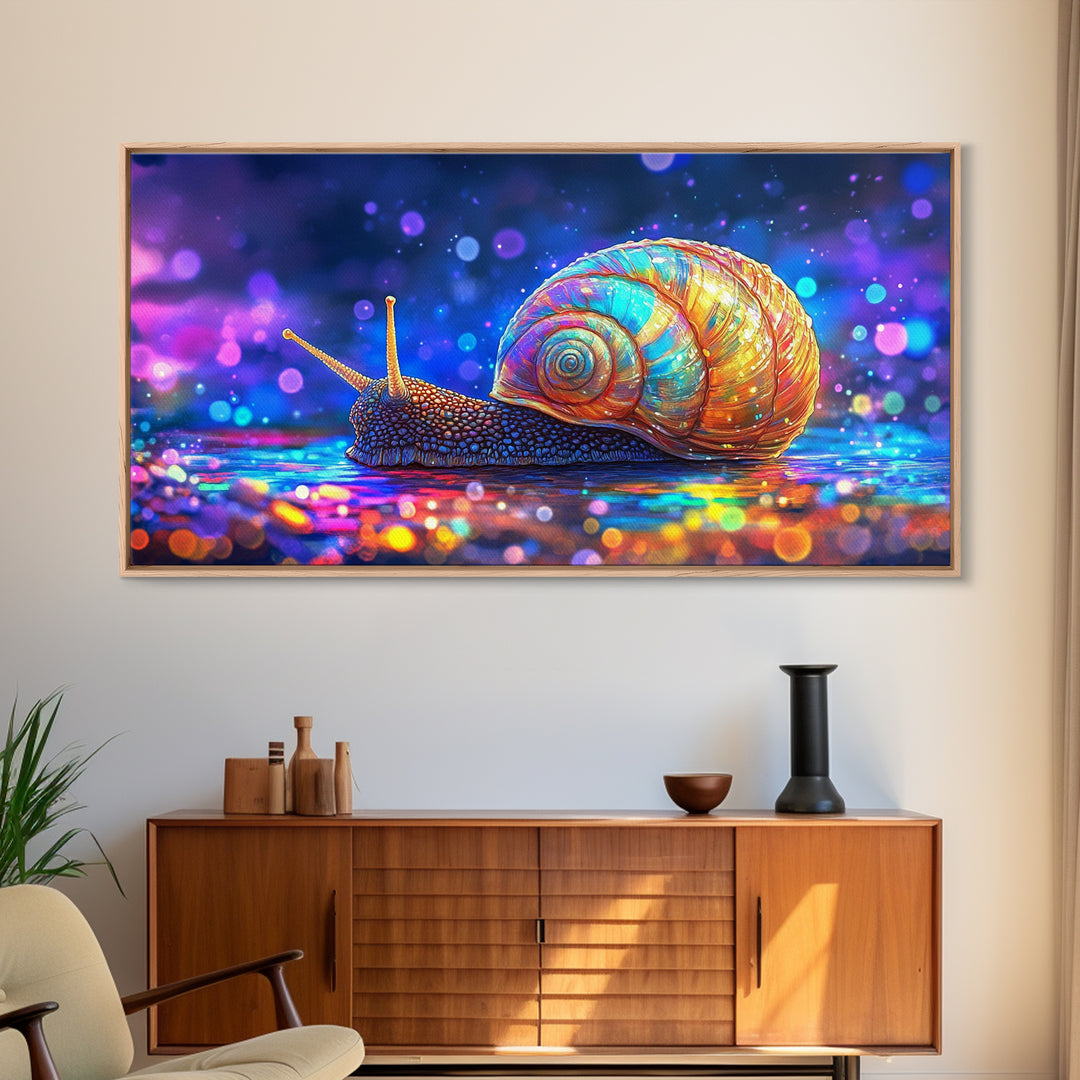 Glowing Rainbow Snail On Wet Ground Wall Art, Whimsical Animal Art Print, Nature Wall Art, Dopamine Decor, Unique Gift For Her