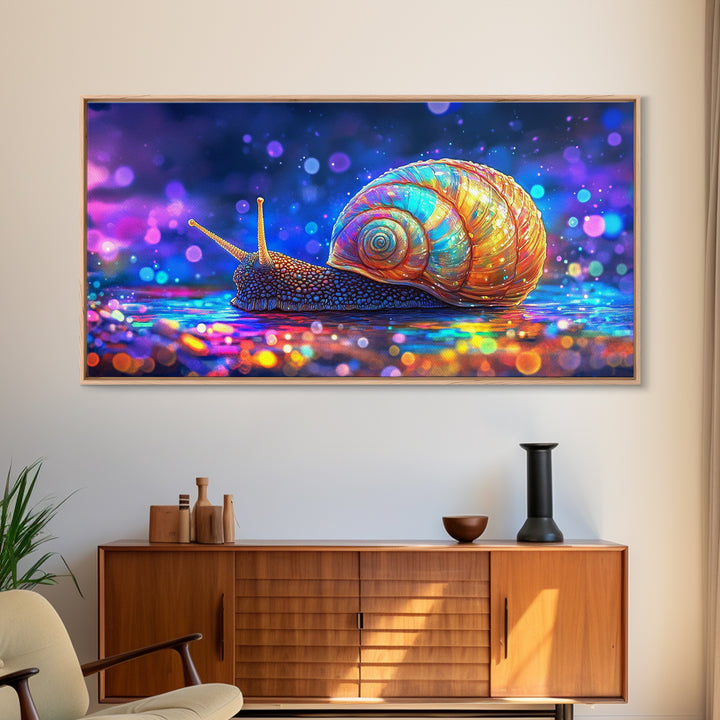 Glowing Rainbow Snail On Wet Ground Wall Art, Whimsical Animal Art Print, Nature Wall Art, Dopamine Decor, Unique Gift For Her