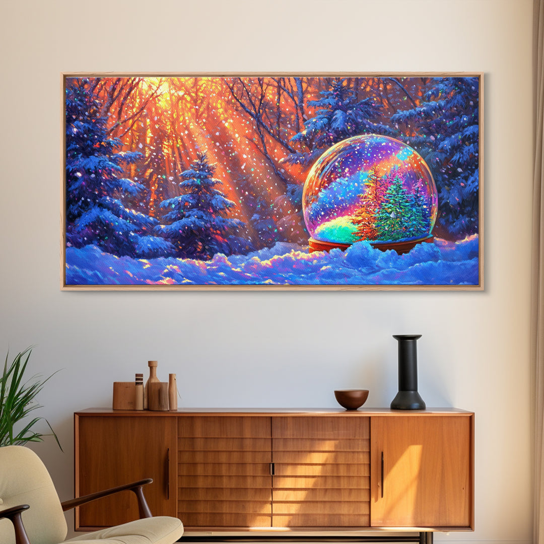 Snow Globe With Rainbow Winter Forest Wall Art, Christmas Decor, Cozy Wall Art, Winter Landscape Print, Whimsical Home Decor