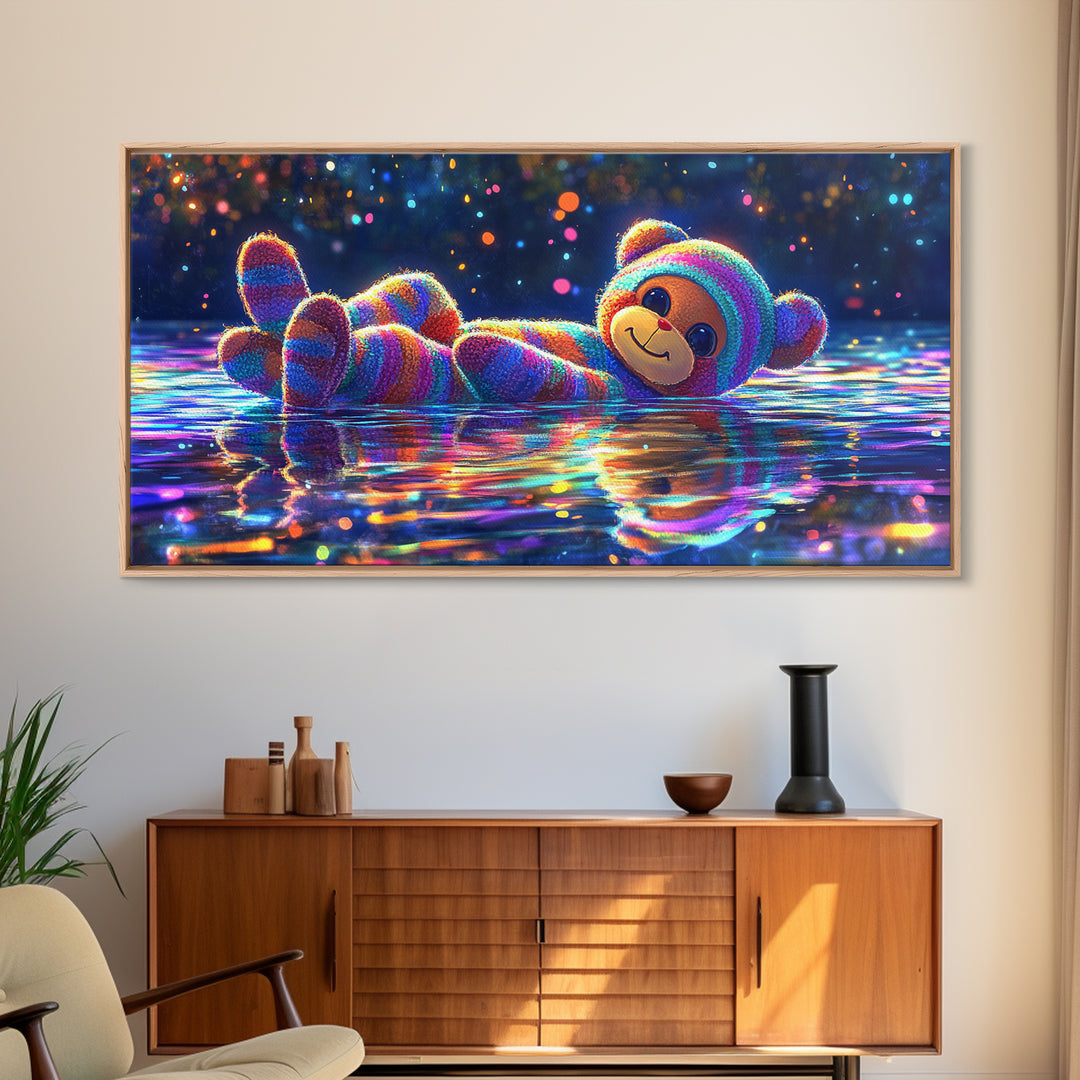 Rainbow Plush Teddy Bear On Reflective Water Wall Art, Cute Kids Room Art, Nursery Wall Art, Dopamine Decor, Baby Gift For Her