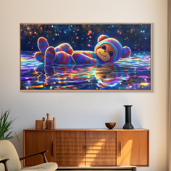 Rainbow Plush Teddy Bear On Reflective Water Wall Art, Cute Kids Room Art, Nursery Wall Art, Dopamine Decor, Baby Gift For Her