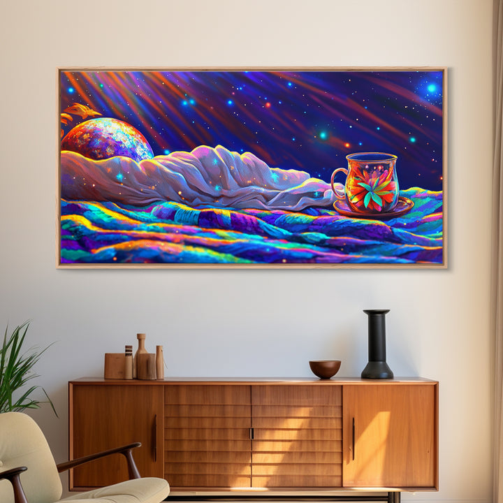 Celestial Bed And Tea Cup Under Stars Canvas Print, Cozy Bedroom Wall Art, Moon And Stars Decor, Dreamy Nursery Decor, Gift For Her