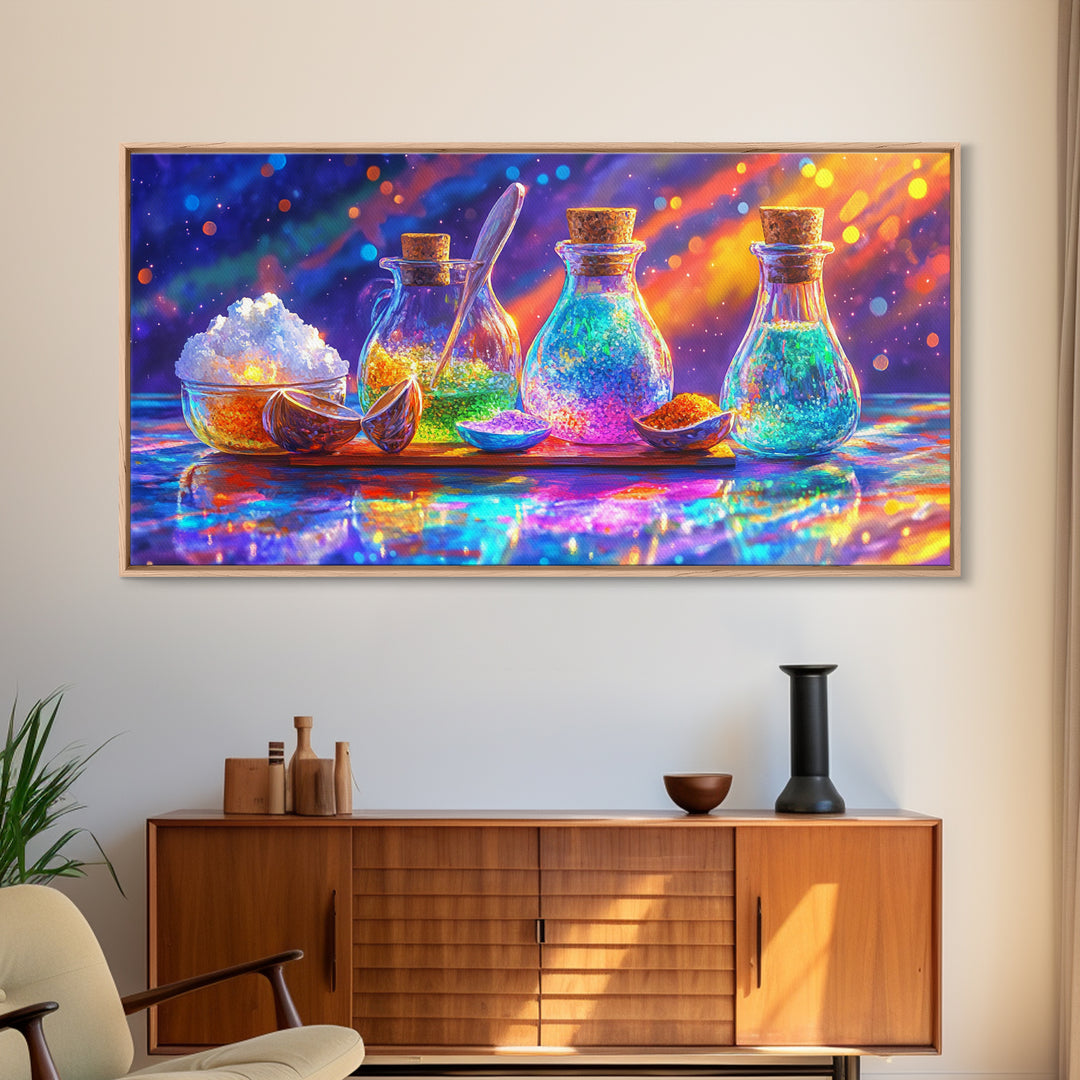 Rainbow Glass Spice Bottles With Salt And Citrus Canvas Print, Kitchen Wall Art, Colorful Decor, Food Art, Housewarming Gift