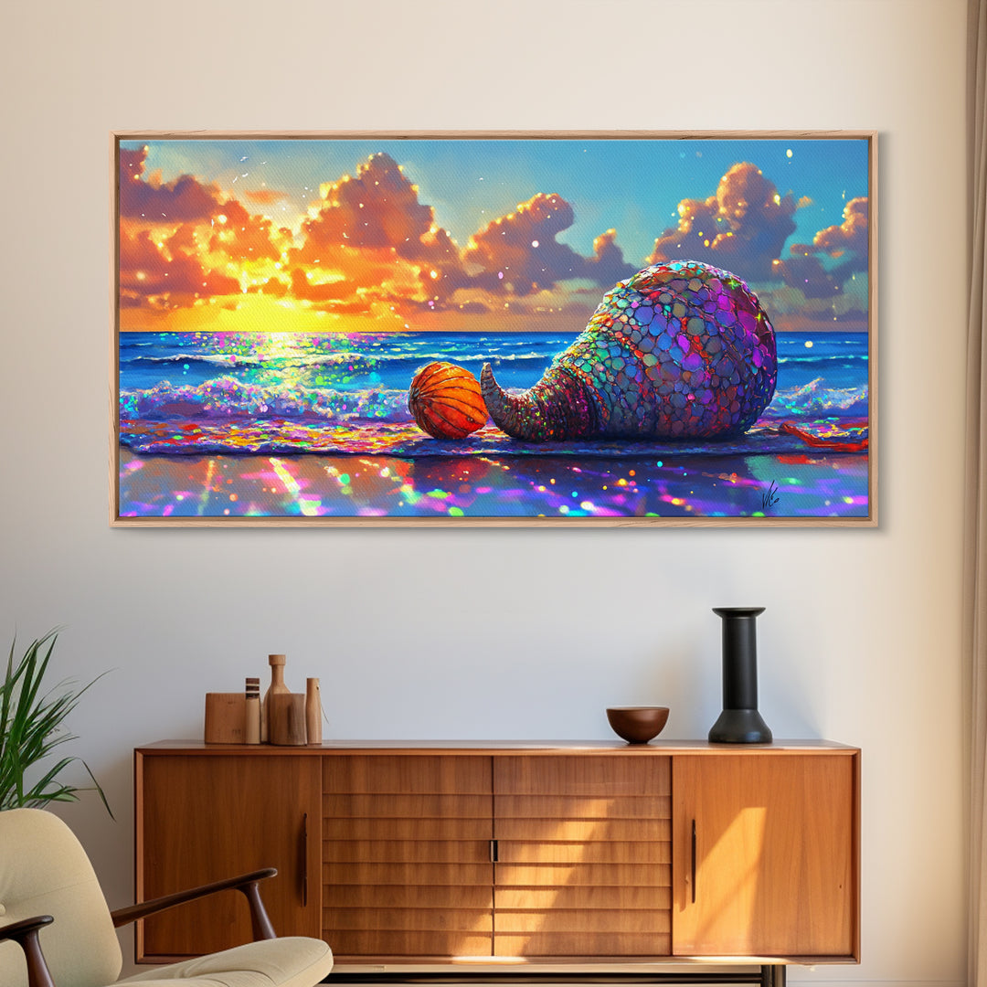 Mosaic Mermaid Tail Seashell At Ocean Sunset Canvas Print, Coastal Wall Art, Beach House Decor, Nautical Decor, Gift For Her
