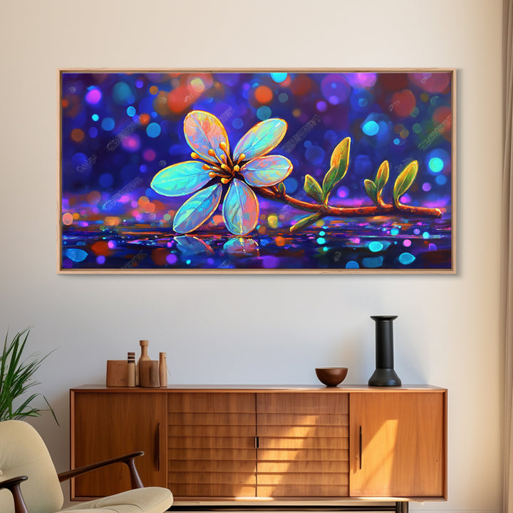 Delicate Blue Flower Branch With Bokeh Lights Canvas Print, Botanical Wall Art, Floral Wall Decor, Nature Art, Gift For Her